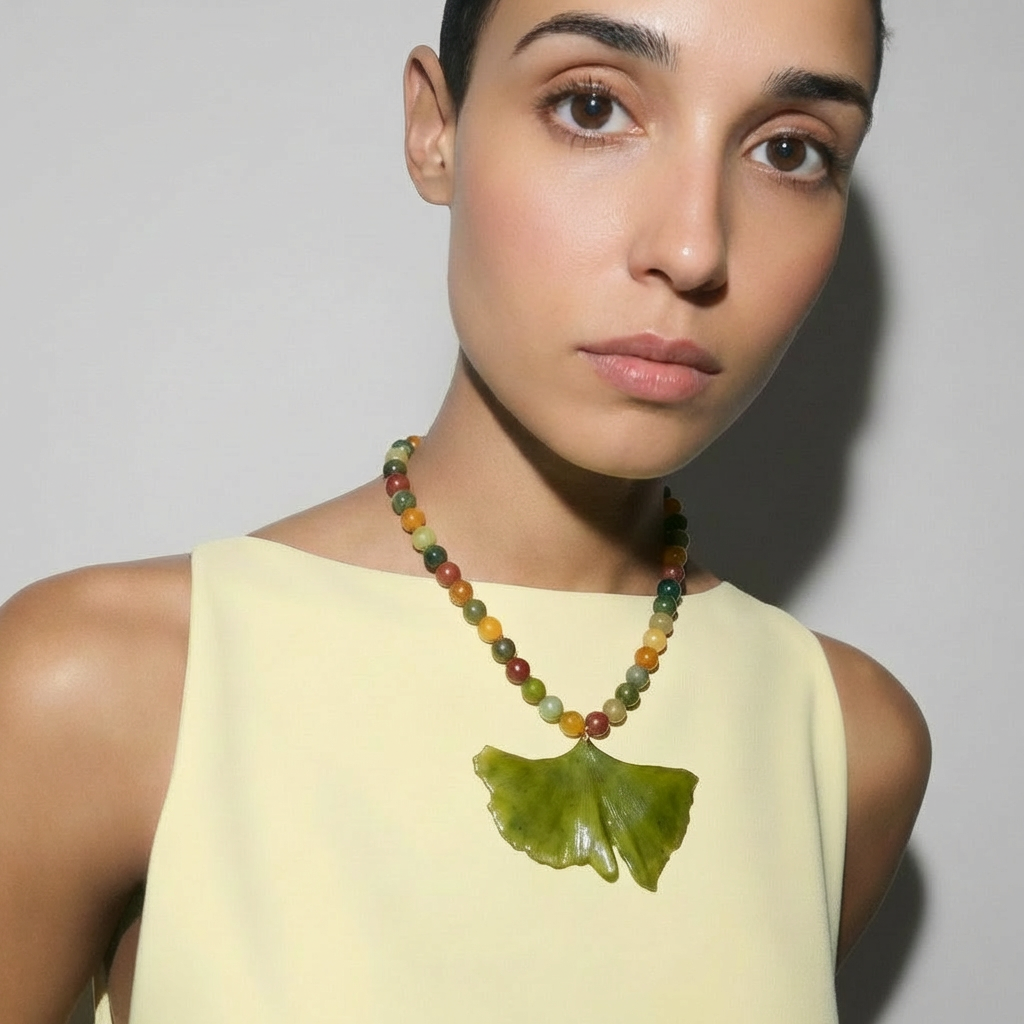 Collar corto ginkgo biloba piedras redondas