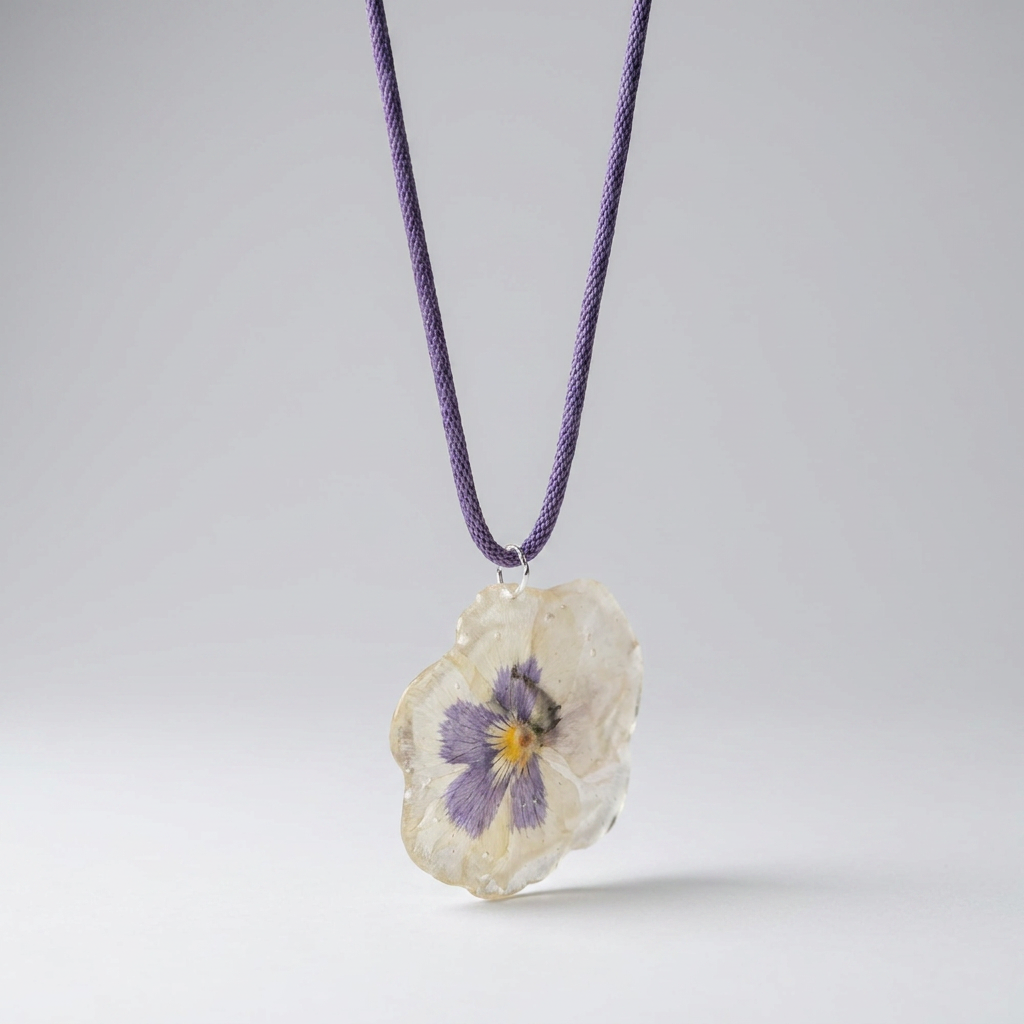 Collar largo con cadena y flor lila