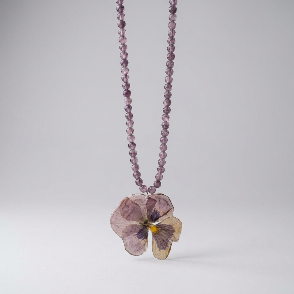 Collar largo piedras flor lila