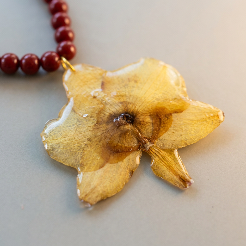 Collar corto piedras rojas orquídea amarilla