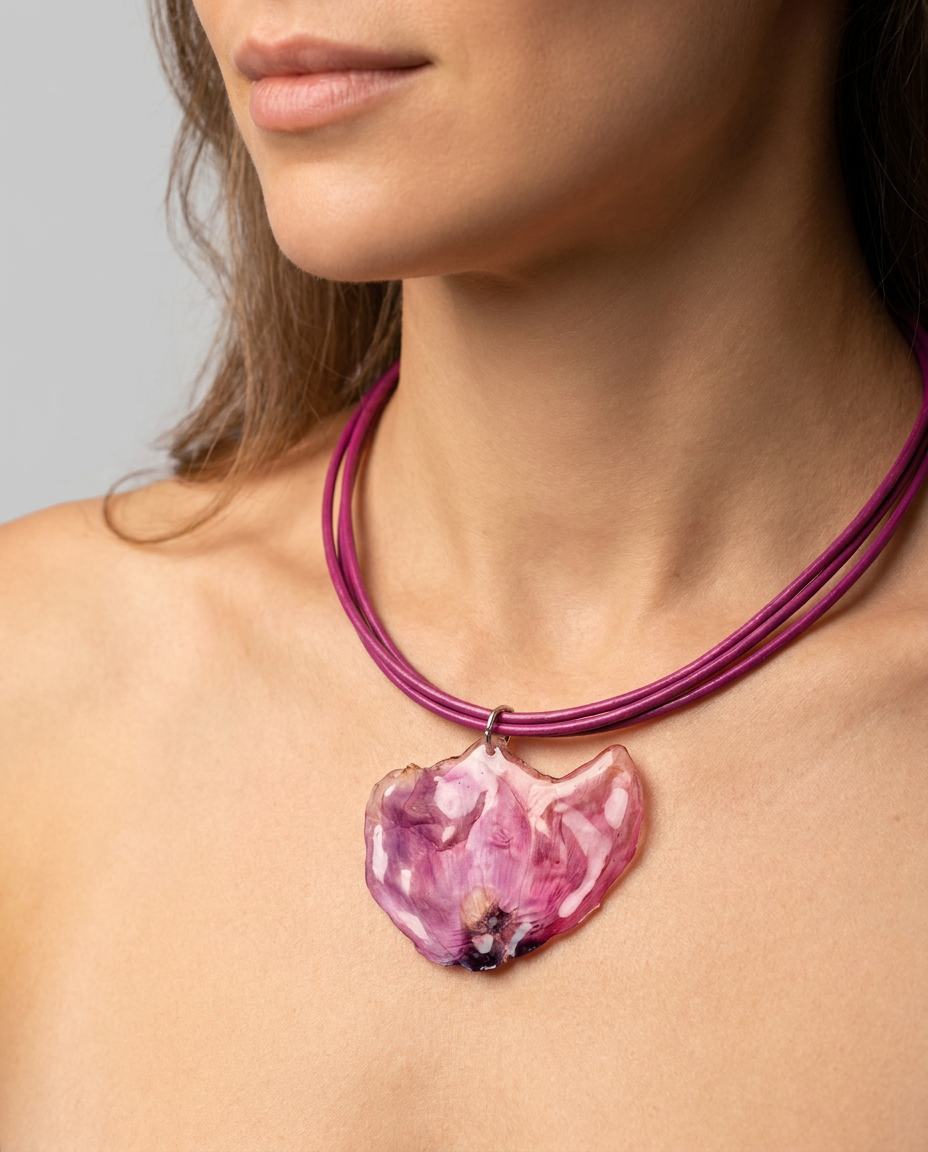 Collar cuero flor magenta